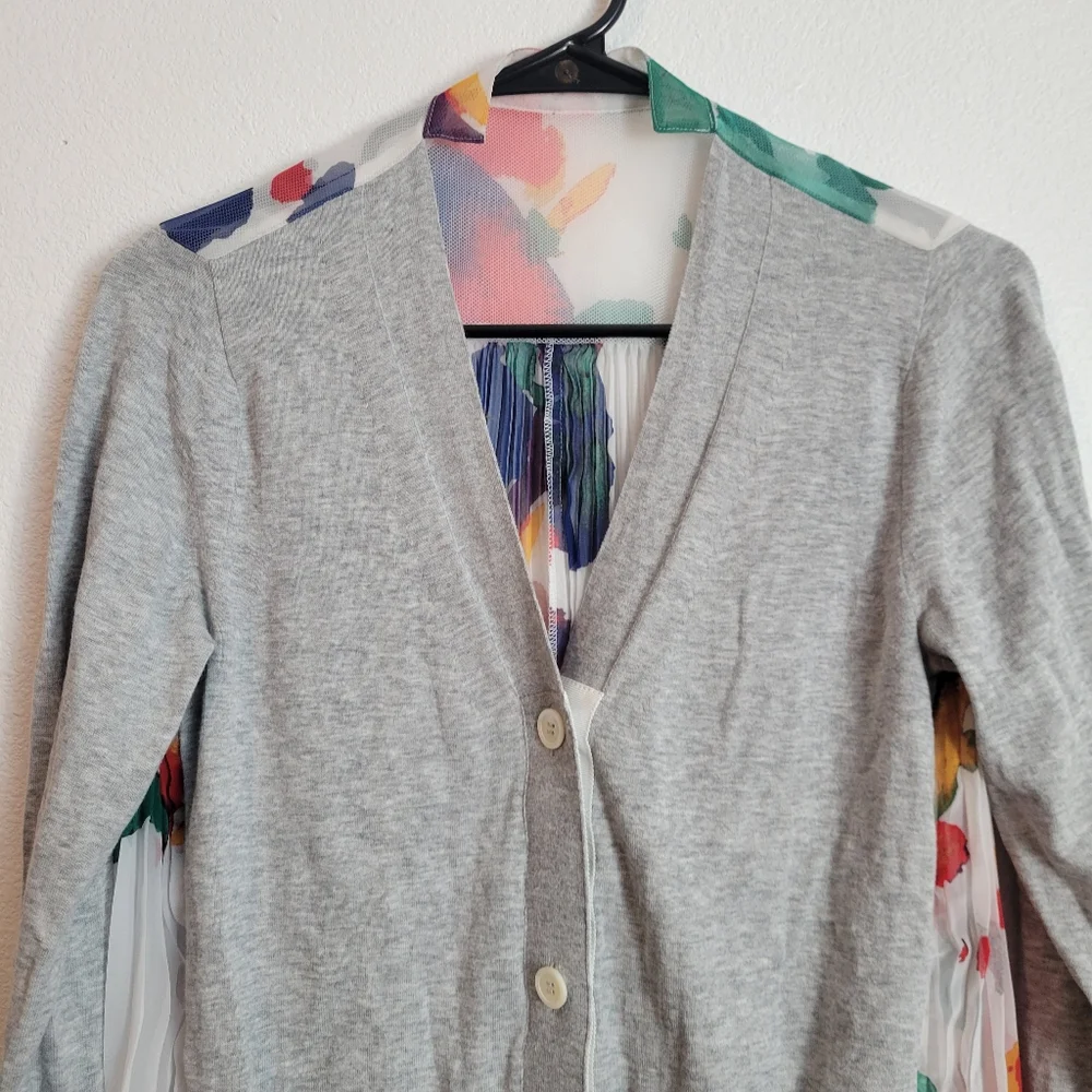 Sacai Designer Contrast Panel Pleated Flower Print Cardigan Size 2 - Picture 6 of 12